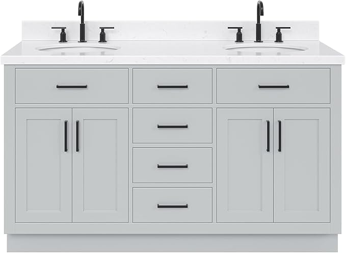 ARIEL Hepburn 66-inch Bathroom Vanity with Sink,Solid Wood, 1.5-inch Carrara White Quartz Countertop & Backsplash, Double Oval Porcelain Sink, 4 Soft Closing Doors, 6 Dovetail Drawers, Grey
