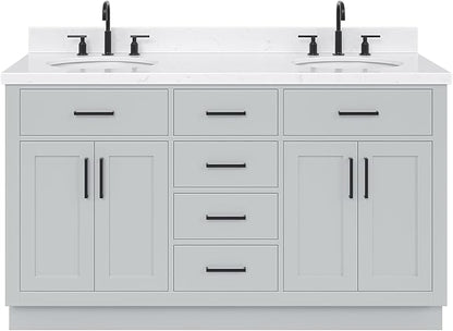 ARIEL Hepburn 60-inch Bathroom Vanity with Sink,Solid Wood, 1.5-inch Carrara White Quartz Countertop & Backsplash, Double Oval Porcelain Sink, 4 Soft Closing Doors, 6 Dovetail Drawers, Grey