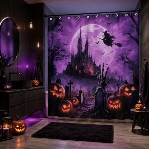 Halloween Shower Curtain, Purple Gothic Castle Bathroom Curtain, Witch Moon Bats Pumpkin Graveyard Spooky Waterproof Polyester Fabric Bath Curtain with Hooks 72x72 Inch