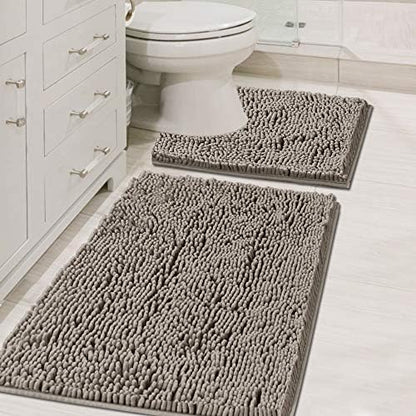H.VERSAILTEX Original Shaggy Chenille 2 Piece Bath Rug Set, 20x20 Square U-Shape Contoured Toilet Mat & 32x20 Carpet Rug, Machine Wash/Dry Mats, Soft, Plush Rugs for Tub Shower (Dark Grey)