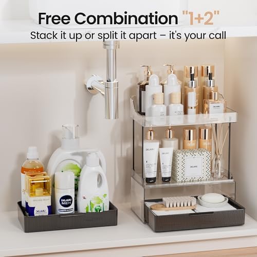 Delamu 4-Tier Makeup Organizer, Bathroom Counter Storage, 2 Drawers,Black