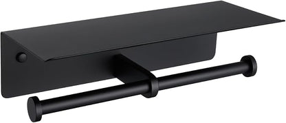 Matte Black Double Tissue Holder with Storage Shelf, Wall Mounted | 304 Stainless Steel Toilet Paper Holder, Rustproof for Bathroom Restroom Powder Room, Dual Rolls Dispenser, Large Phone Shelf