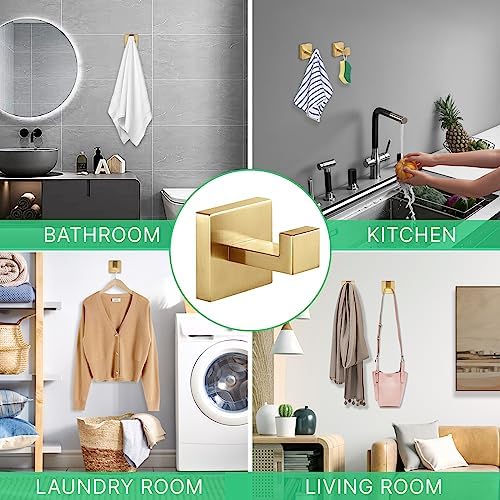 Heavy Duty Stainless Steel Towel Hooks, Wall Mounted Square Robe Hooks for Bathroom, Kitchen, Bedroom, Hotel Brushed Gold 2 Pack