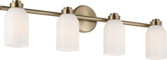 Kichler Shae 32.25" 4-Light Vanity Light with White Opal Glass in Champagne Bronze, for Bathroom Vanity, Powder Room, Over a Mirror, (32.25" W x 9" H), 55203CPZ
