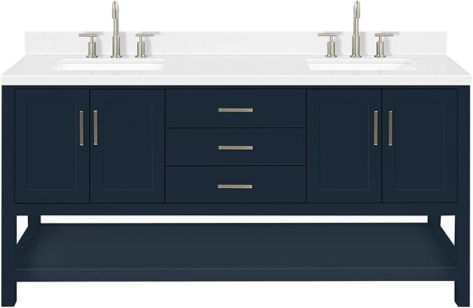 ARIEL Magnolia 72-inch Bathroom Vanity with Sink,Solid Wood, 1.5-inch Carrara White Quartz Countertop, Double Rectangular Porcelain Sink, 4 Soft Closing Doors, 3 Dovetail Drawers, Midnight Blue