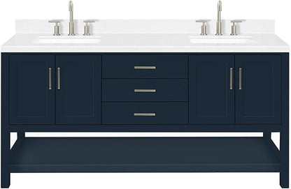 ARIEL Magnolia 72-inch Bathroom Vanity with Sink,Solid Wood, 1.5-inch Carrara White Quartz Countertop, Double Rectangular Porcelain Sink, 4 Soft Closing Doors, 3 Dovetail Drawers, Midnight Blue
