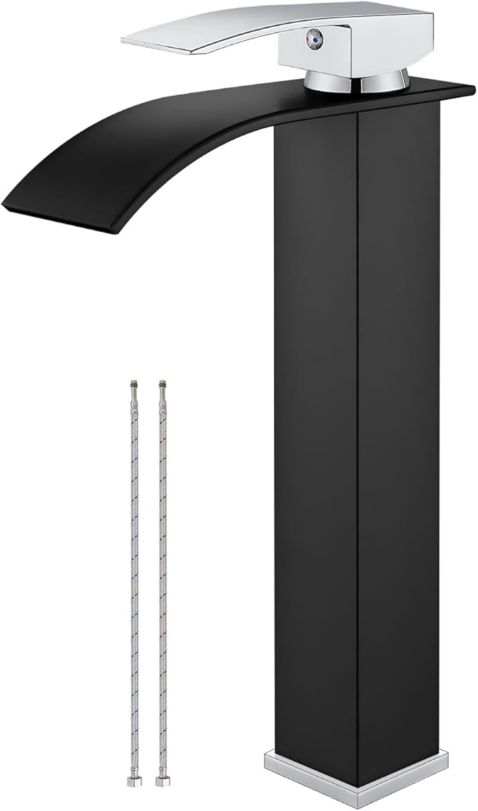 Airuida Tall Waterfall Spout Bathroom Faucet Matte Black&Chrome Polish Single Handle Vessel Sink Faucet One Hole Vanity Farmhouse Lavatory Washbasin Deck Mount Mixer Tap