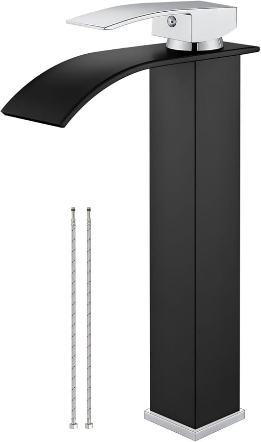 Airuida Tall Waterfall Spout Bathroom Faucet Matte Black&Chrome Polish Single Handle Vessel Sink Faucet One Hole Vanity Farmhouse Lavatory Washbasin Deck Mount Mixer Tap