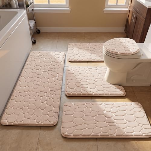 YIHOUSE Bathroom Rugs Mat Set, Memory Foam Bath Mat 5 Piece Khaki