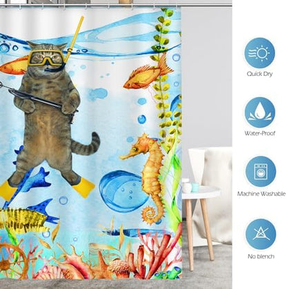 Aimego Stall Small Shower Curtain - Funny Cat Sea Ocean Animal Underwater Tropical Fish Coral Seahorse Fun Narrow Half Fabric Cloth Bath Shower Curtain Set for Bathroom Decor Accessories, 36"x72"