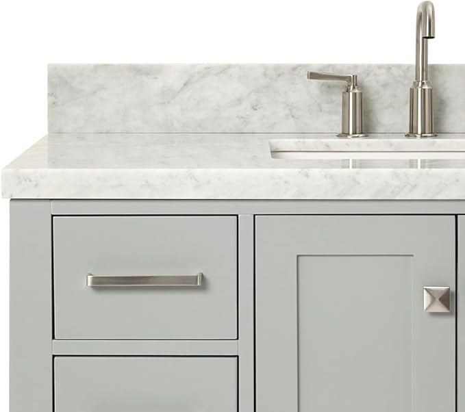 ARIEL Cambridge 42-inch Bathroom Vanity with Sink,Solid Wood, 1.5-inch Italian Carrara Marble Countertop, Single Rectangular Porcelain Sink, 2 Soft Closing Doors, 9 Dovetail Drawers, Grey