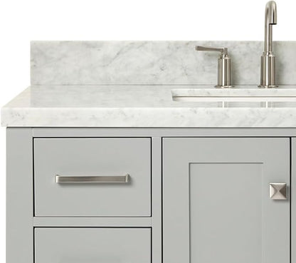 ARIEL Cambridge 42-inch Bathroom Vanity with Sink,Solid Wood, 1.5-inch Italian Carrara Marble Countertop, Single Rectangular Porcelain Sink, 2 Soft Closing Doors, 9 Dovetail Drawers, Grey