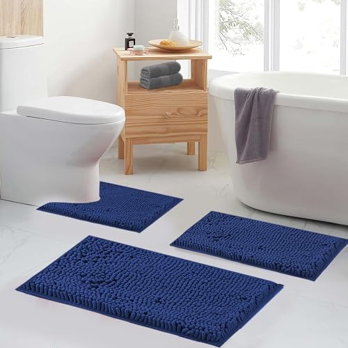 Non Slip Washable 2 Piece Extra Absorbent Shaggy Chenille Bathroom Rugs and Mats Sets, Soft & Dry Bath Rug/Mat Sets for Bathroom Washable Carpets Set Navy Blue Blue
