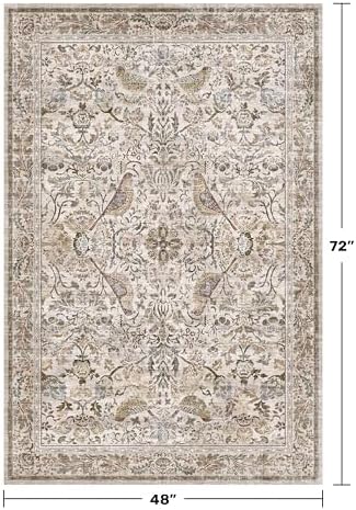 Vintage Washable 4x6 Area Rug for Bedroom Beside, Entryway, Mudroom, Kitchen, Living Room, Low Pile Non Slip, Oriental Stain Resistant Carpet with Moss Green Bird Pattern