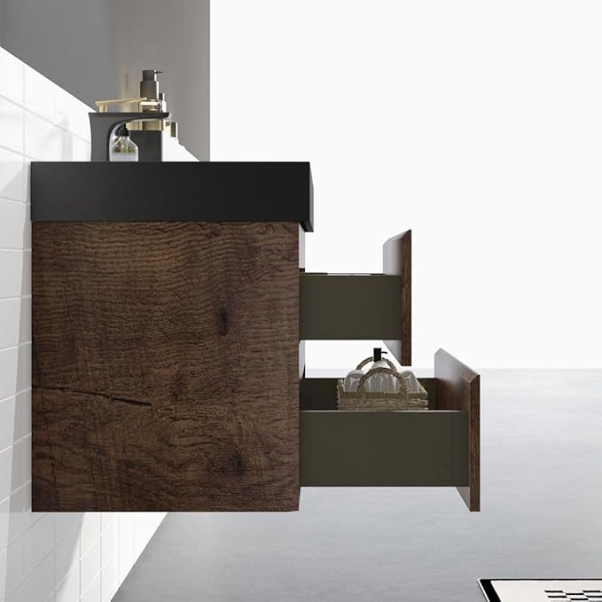 30" Floating Bathroom Vanity with Matte Black Sink, Modern Bathroom Cabinet with Top and Soft Close Drawers, Spacious Storage for Small Space, Walnut - Lavanda Collection