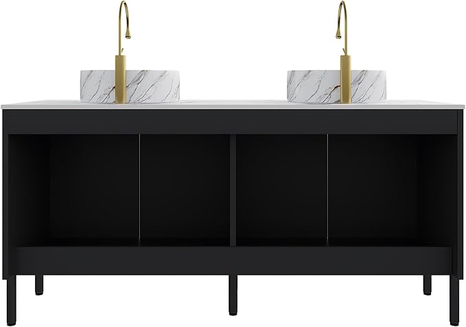 Ambrovina 60" Bathroom Vanity with Double Sink, Freestanding Bathroom Storage Cabinet with 4 Soft-Closing Doors, 2 White Round Ceramic Basins and Carrara White Sintered Stone Countertop, Gloss Black