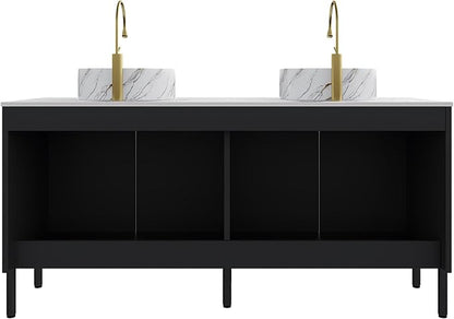 Ambrovina 60" Bathroom Vanity with Double Sink, Freestanding Bathroom Storage Cabinet with 4 Soft-Closing Doors, 2 White Round Ceramic Basins and Carrara White Sintered Stone Countertop, Gloss Black