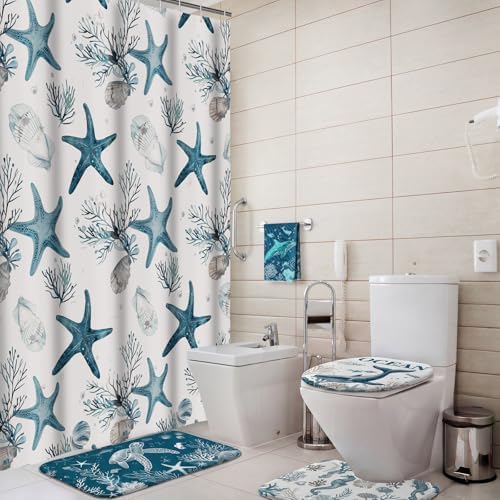 Honoson 8 Pcs Coastal Beach Ocean Theme Bathroom Shower Curtain Set