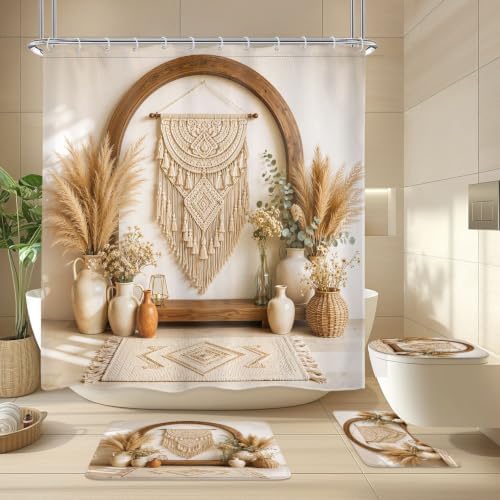 SVBright 4PCs Boho Bathroom Sets Bohemian Shower Curtain Set 72Wx72H Vases and Pampas Grass Bathroom Rug Quick Dry Bath Rug Mat Toilet Mat U-Shape Cover Nonslip Washroom Decor Shower Accessories
