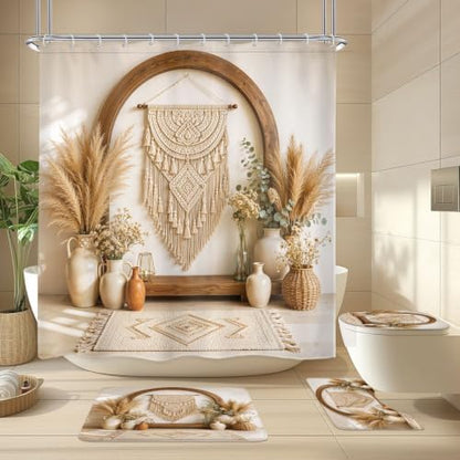 SVBright 4PCs Boho Bathroom Sets Bohemian Shower Curtain Set 72Wx72H Vases and Pampas Grass Bathroom Rug Quick Dry Bath Rug Mat Toilet Mat U-Shape Cover Nonslip Washroom Decor Shower Accessories