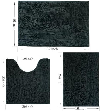 3 Piece Bathroom Rugs Set, Non-Slip Bath Mats with PVC Backing, Super Absorbent Washable Plush Carpet, Soft Shag Rug for Bathroom Bedroom Kitchen Home Decor (Dark Grey)