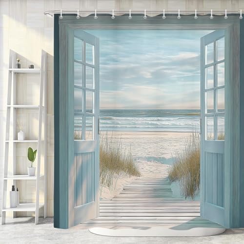 Blue Beach Barn Door Shower Curtain, Rustic Country Ocean Coastal Seaside Scenery Decor Bath Curtains, Retro Teal Wood Waterproof Bathroom Accessories Set, 72 x 72 inch with Hooks