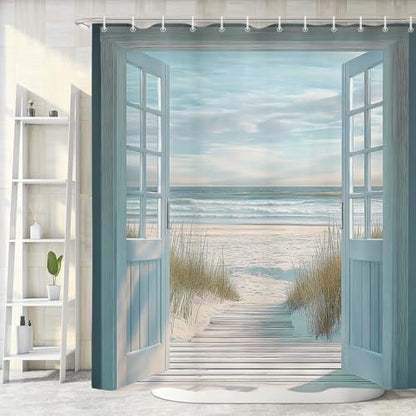 Blue Beach Barn Door Shower Curtain, Rustic Country Ocean Coastal Seaside Scenery Decor Bath Curtains, Retro Teal Wood Waterproof Bathroom Accessories Set, 72 x 84 inch with Hooks