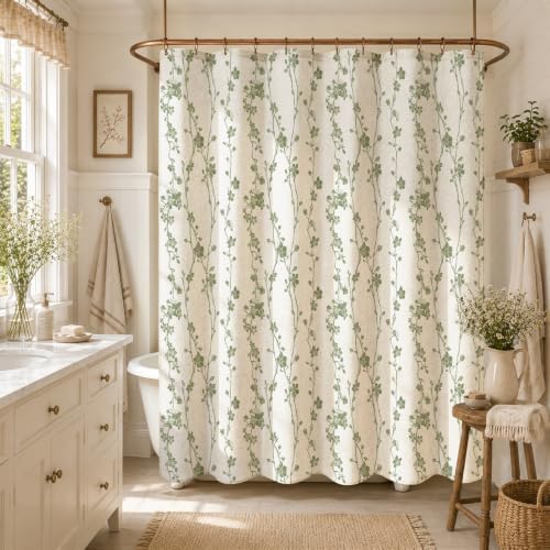 Sage Green Farmhouse Linen Shower Curtain, Boho Floral Fabric, 72 x 78