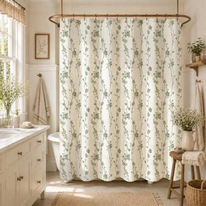 Sage Green Farmhouse Linen Shower Curtain, Boho Floral Fabric, 72 x 78