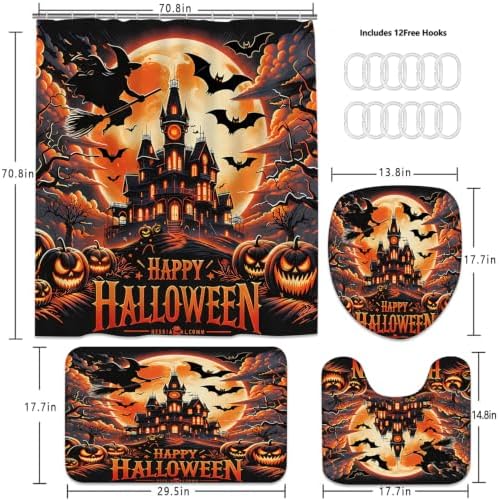 Yddsky Halloween 4Pcs Castle Shower Curtain Sets for Bathroom,72x72 Inch