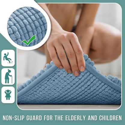 Yimobra Bathroom Rug Mat 24 x 17, Non Slip and Super Absorbent Bath Mat,Machine Washable Quick Dry,Ultra Plush Chenille Shower Rugs for Bathroom Floor Sink Tub and Shower Outside,Denim Blue