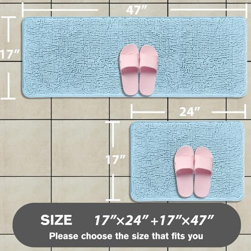 Bathroom Rugs Sets 2 Piece – Absorbent and Washable Bath Mat, Non-Slip, Thick Soft Chenille Bath Rugs for Bathroom Floor, Shower, Sink(17" x 24"+17" x 47", Light Blue)