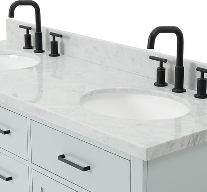 ARIEL Hepburn 60-inch Bathroom Vanity with Sink,Solid Wood, 1.5-inch Italian Carrara Marble Countertop & Backsplash, Double Oval Porcelain Sink, 4 Soft Closing Doors, 6 Dovetail Drawers, Grey