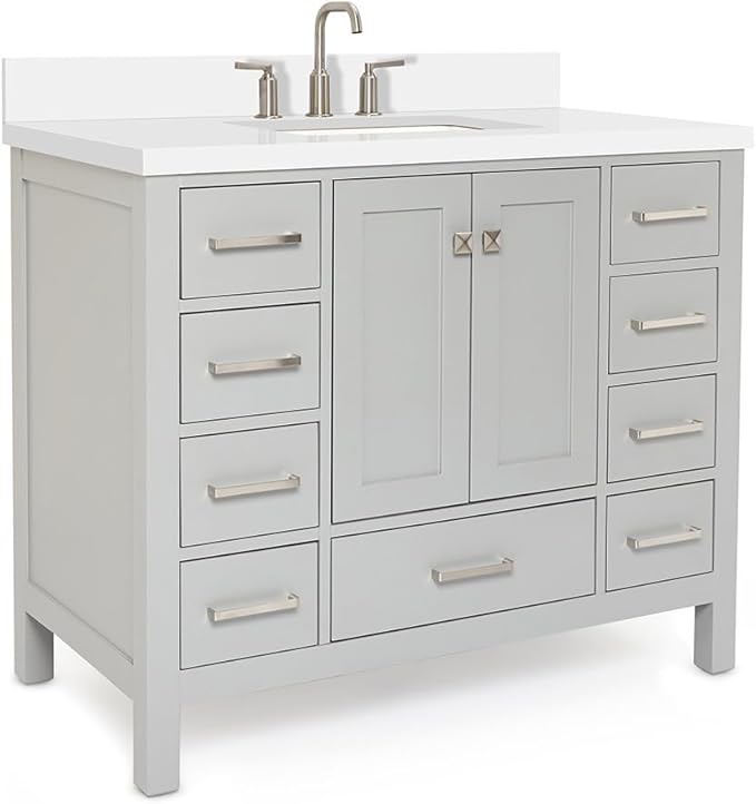 ARIEL Cambridge 42-inch Bathroom Vanity with Sink,Solid Wood, 1.5-inch Pure White Quartz Countertop & Backsplash, Single Rectangular Porcelain Sink, 2 Soft Closing Doors, 9 Dovetail Drawers, Grey