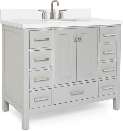 ARIEL Cambridge 42-inch Bathroom Vanity with Sink,Solid Wood, 1.5-inch Pure White Quartz Countertop & Backsplash, Single Rectangular Porcelain Sink, 2 Soft Closing Doors, 9 Dovetail Drawers, Grey
