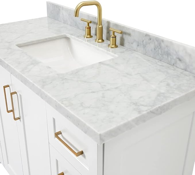 Emilia 48-Inch Bathroom Vanity with Sink — White Single Sink Bathroom Vanity, 1.5" Edge Italian Carrara Marble Top, Solid Wood, 2 Soft Closing Doors, 9 Dovetail Drawers