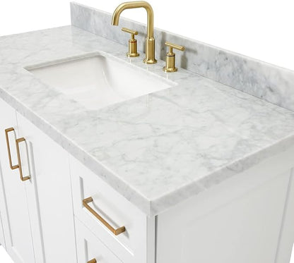 Emilia 48-Inch Bathroom Vanity with Sink — White Single Sink Bathroom Vanity, 1.5" Edge Italian Carrara Marble Top, Solid Wood, 2 Soft Closing Doors, 9 Dovetail Drawers