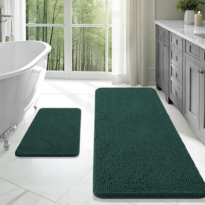 OLANLY Chenille Bathroom Rugs Sets 2 Piece, 47"x20"+24"x16", Blackish Green