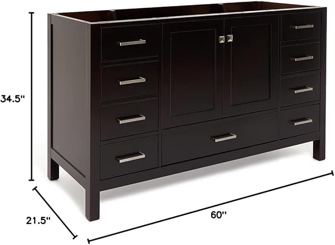 ARIEL Cambridge 60-inch Bathroom Vanity Base Cabinet,Solid Wood, 2 Soft Closing Doors, 9 Dovetail Drawers, Espresso