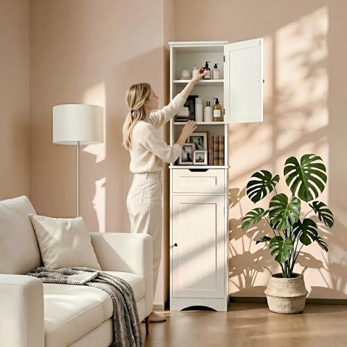 Gizoon 67” H Tall Bathroom Storage Cabinet, Narrow Storage Cabinet, White