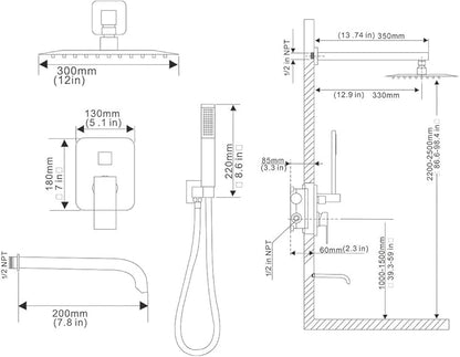 Brushed Gold Shower Faucet Set with Tub Spout Bathroom Rainfall 12 Inch Shower Head System with Handheld Single Handle Shower Trim Kit with Rough-in Valve