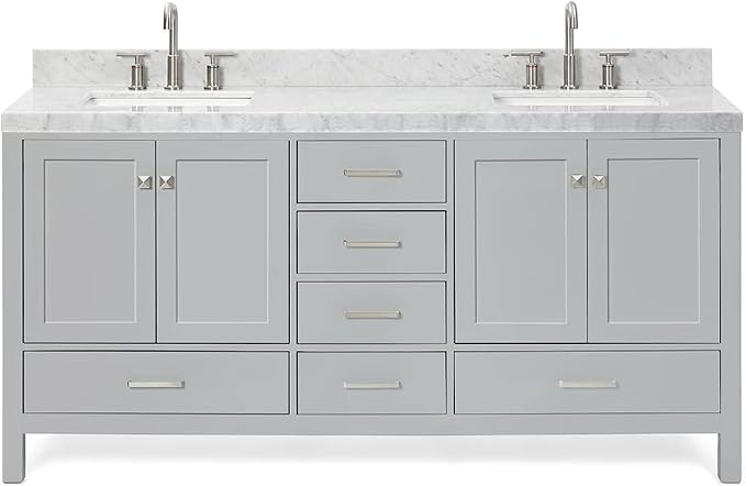 ARIEL Cambridge 72-inch Bathroom Vanity with Sink,Solid Wood, 2-inch Italian Carrara Marble Countertop, Double Rectangular Porcelain Sink, 4 Soft Closing Doors, 6 Dovetail Drawers, Grey