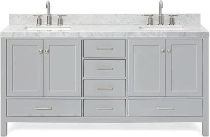 ARIEL Cambridge 72-inch Bathroom Vanity with Sink,Solid Wood, 2-inch Italian Carrara Marble Countertop, Double Rectangular Porcelain Sink, 4 Soft Closing Doors, 6 Dovetail Drawers, Grey