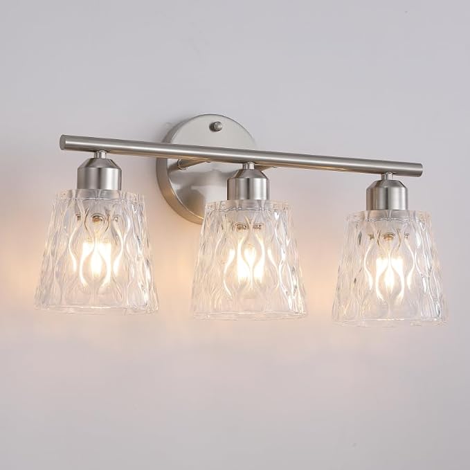 Brushed Nickel Bathroom Light Fixture, 3-Light Modern Vanity Light Over Mirror with Textured Glass Shades, Stainless Steel Construction, E26 Sockets (Bulbs Not Included)