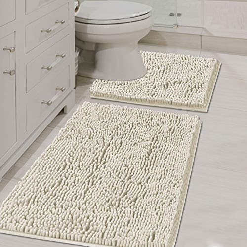 H.VERSAILTEX Bathroom Rugs Luxury Chenille Mat Set, Soft Plush Shower Rug + Toilet Mat, Microfiber Shaggy Carpet, Super Absorbent Mats, Machine Washable Bath Mat Curved Set, 32" x 20"/20" x 20", Cream