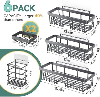 Veken Rustproof & Waterproof Shower Caddy 6-Pack, No Drilling Adhesive Shelves Rack with Soap Holder, Large Capacity Bathroom Organizers and Storage, Wall-Mounted Kitchen & Home Decor, Dark Grey