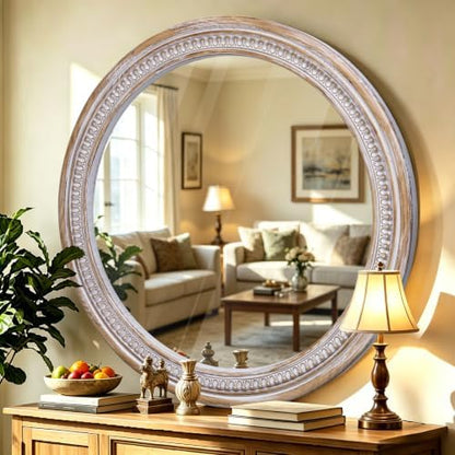 36 Inch Rustic Farmhouse Round Mirrors for Wall Decor, Wooden Circle Mirror