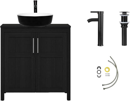 YOURLITE 30" Black Bathroom Vanity, 30" Black Bathroom Vanity Sink Combo with Black Black Ceramic Basin Faucet & Pop Up Drain Set