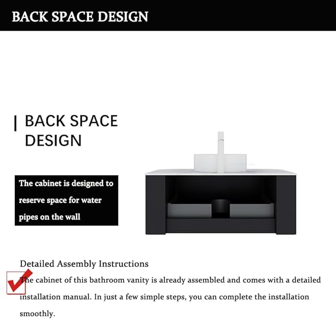 30'' Bathroom Vanities Cabinet with Sink Combo, Wall Mounted Floating Cabinet W/Curved Edges Stripes, Oak Plywood, Soft-Close System with a Drawer, White Round Ceramic Basin - Kiel, Black