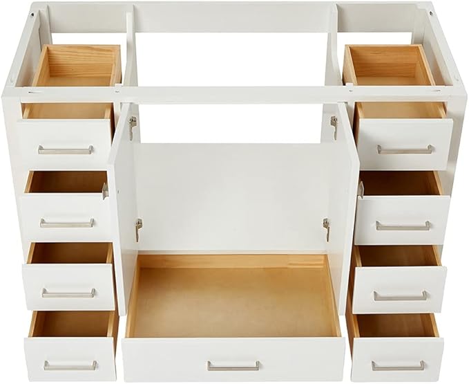 ARIEL Cambridge 48-inch Bathroom Vanity Base Cabinet,Solid Wood, 2 Soft Closing Doors, 9 Dovetail Drawers, White